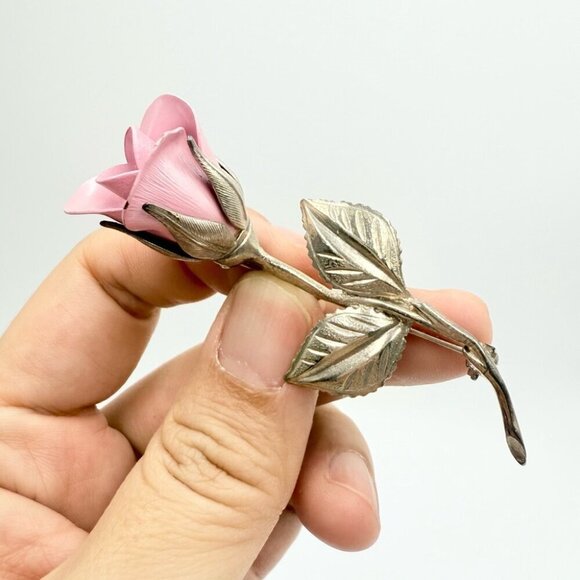 Vintage GIOVANNI Signed Silver Tone Pink Rose Stem Brooch - Picture 1 of 9
